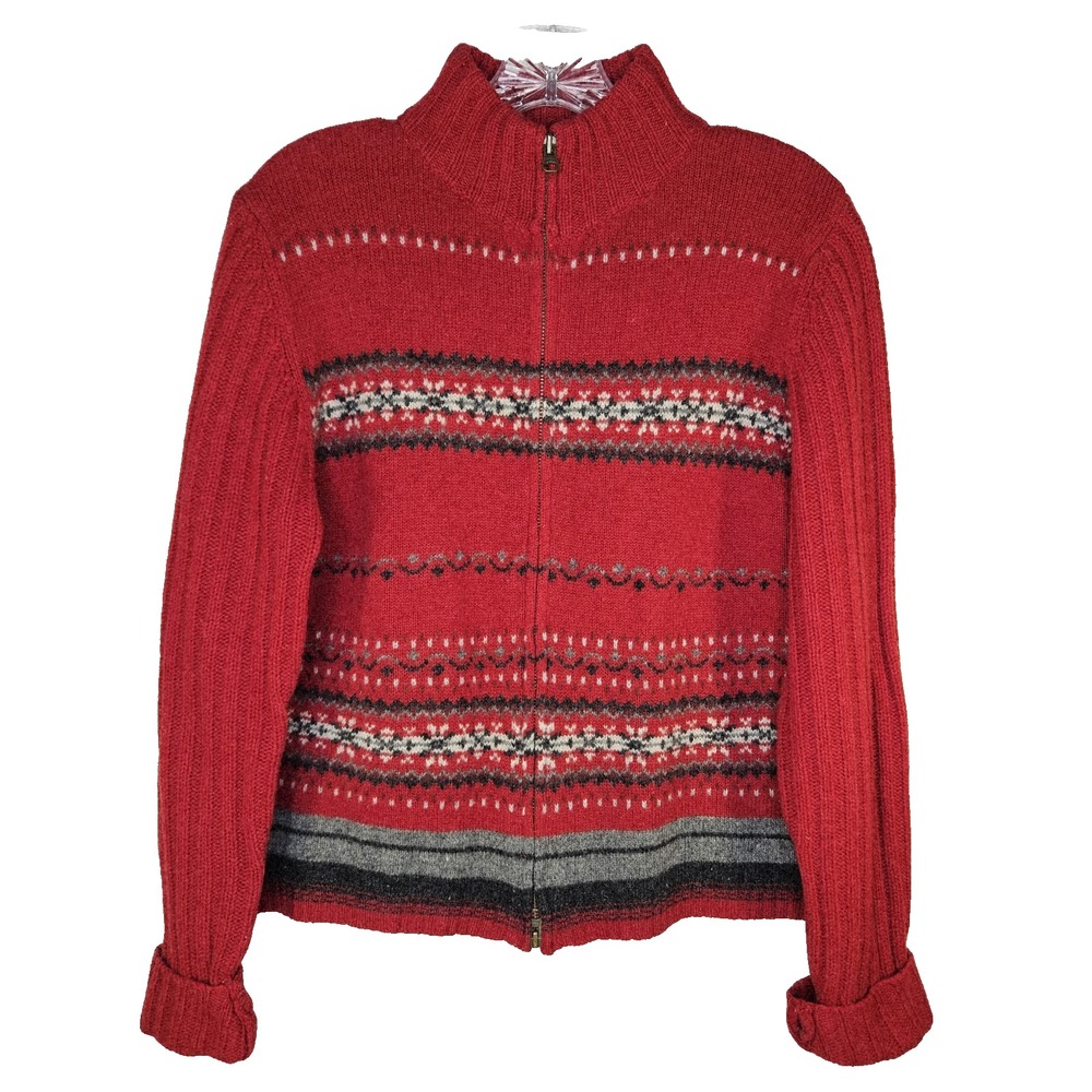 Vintage Eddie Bauer Red‎ 100% Lambswool Cardigan Sweater Medium Fair Isle Cozy